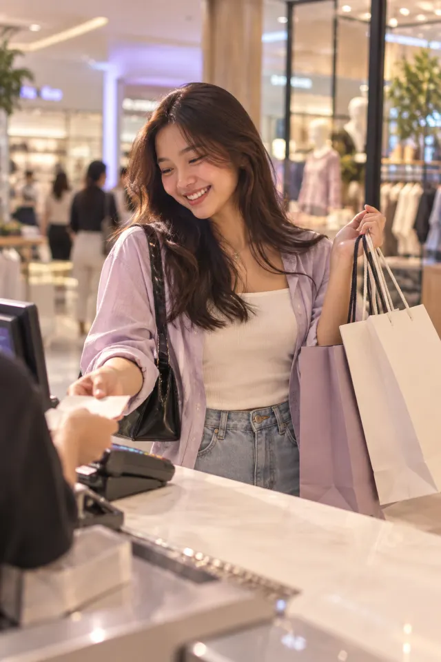 Perempuan tersenyum di kasir mal sambil menenteng tas belanja.