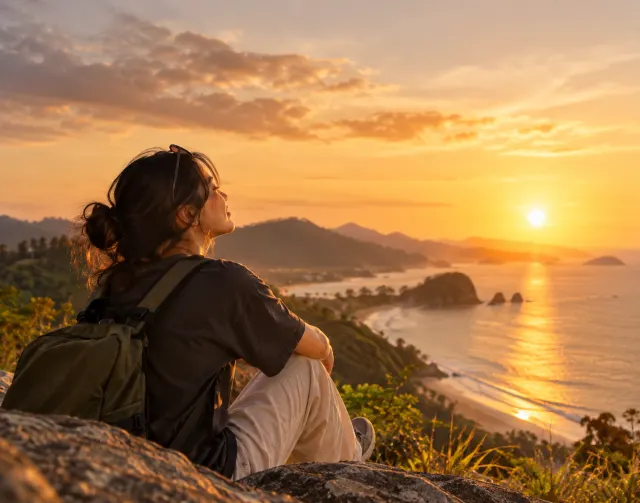 Perempuan duduk di bukit memandang pantai saat matahari terbenam.