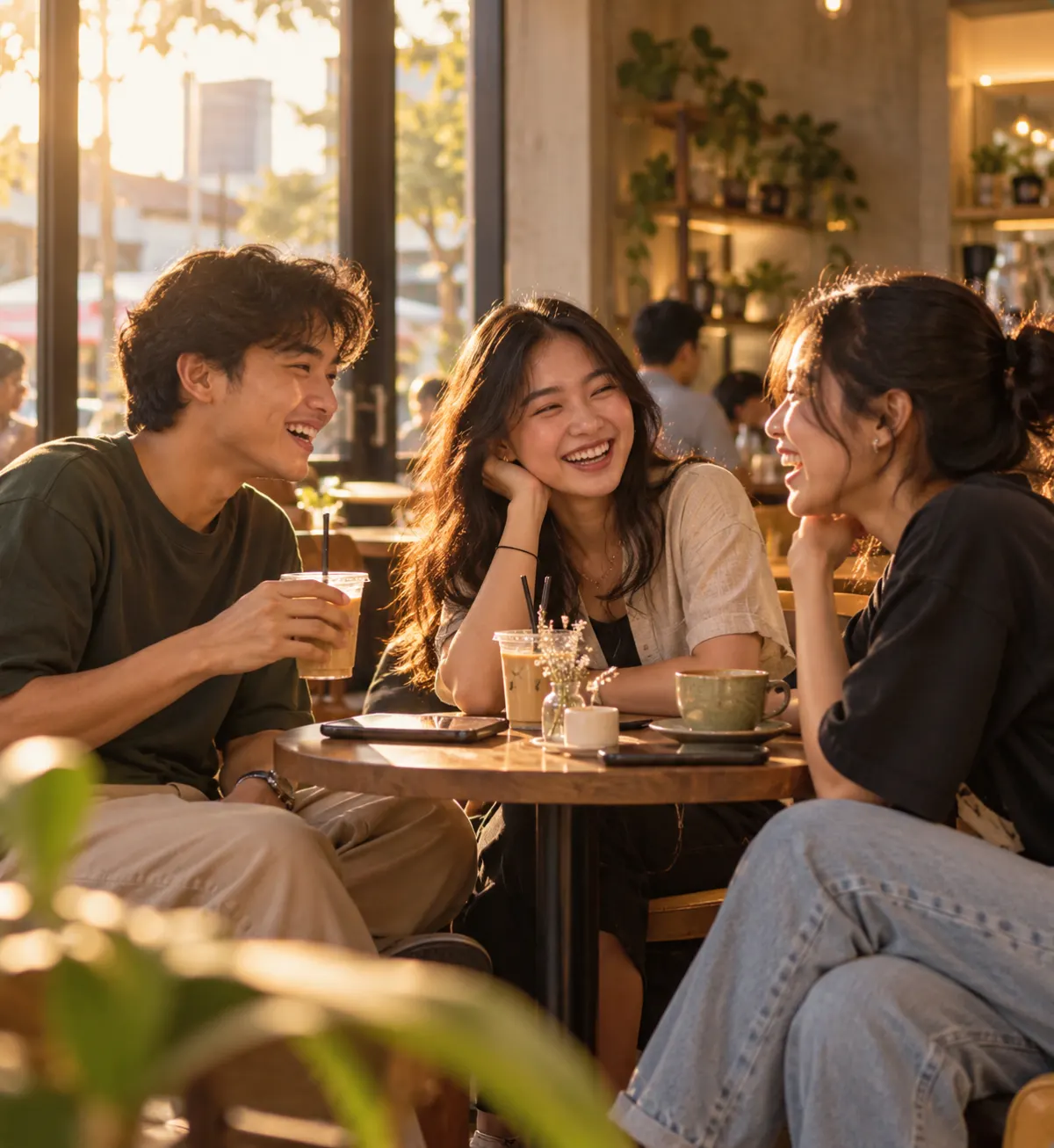 Tiga teman tertawa lepas di meja kafe saat sore, cahaya matahari hangat masuk dari jendela.