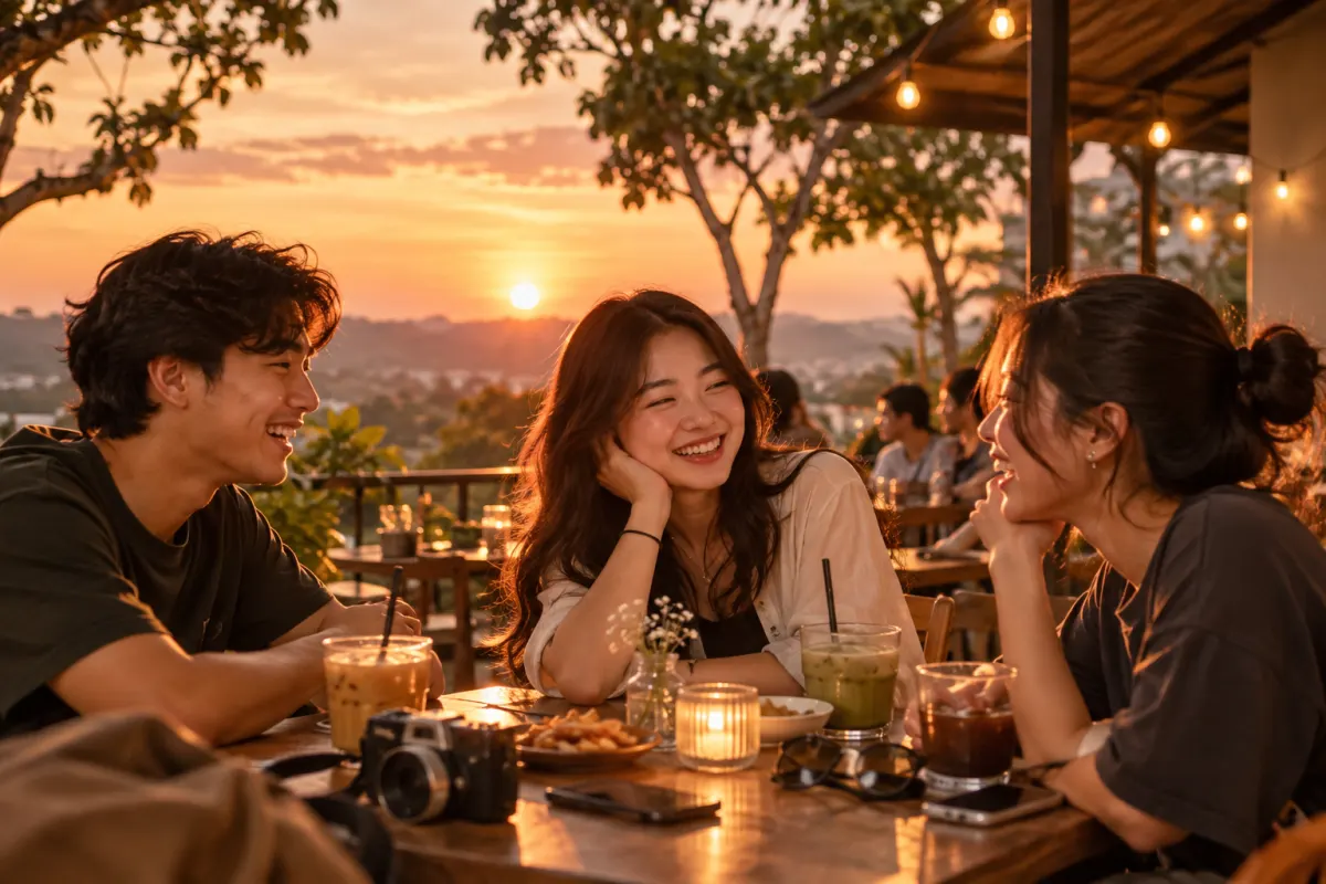 Tiga teman tertawa santai di kafe outdoor saat matahari terbenam, suasana hangat dan lapang.