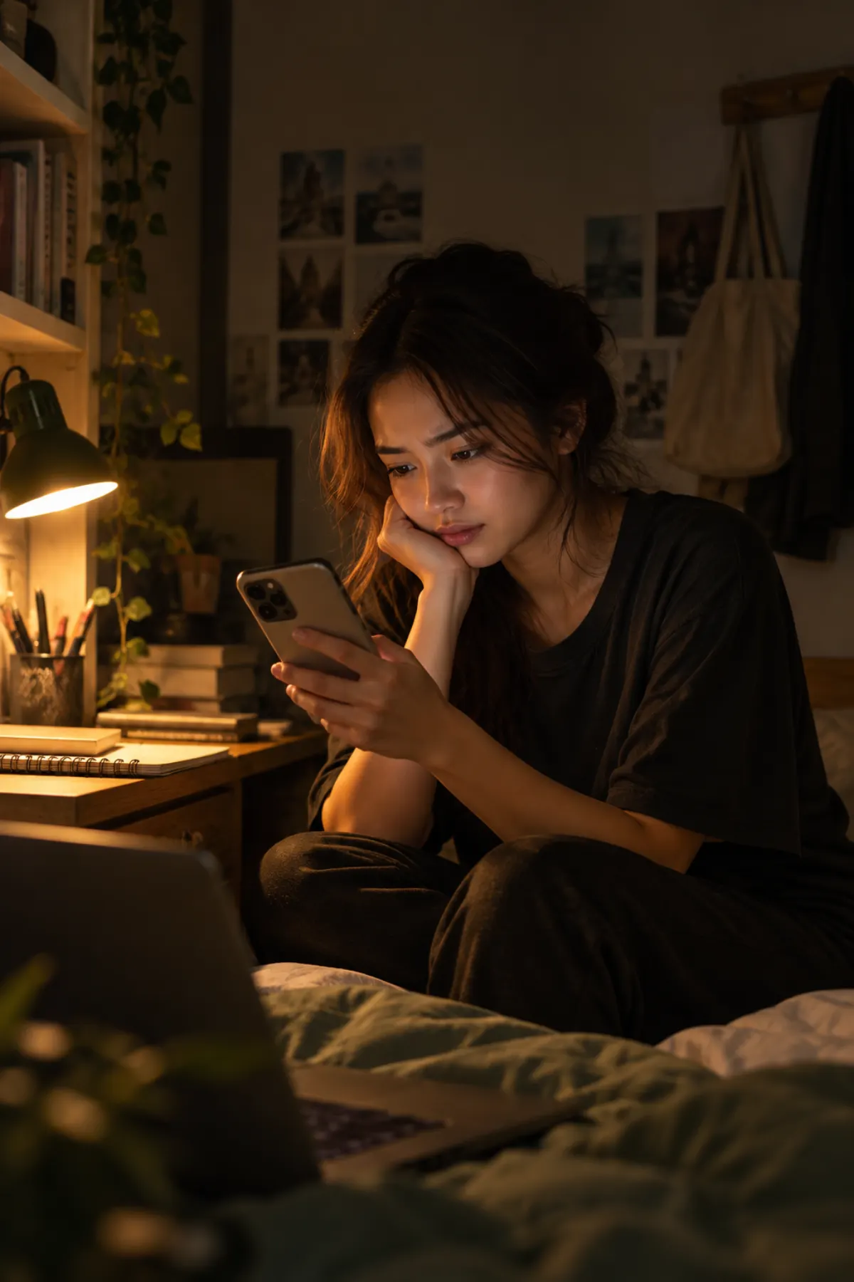 Malam hari di kamar yang hanya diterangi lampu meja, perempuan menatap layar ponsel dengan alis sedikit berkerut.